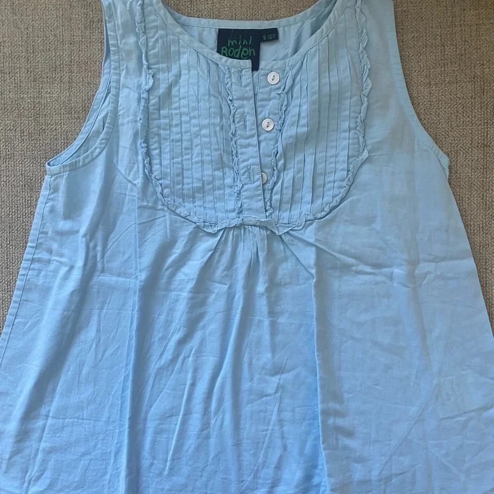 Mini Boden Pastel Blue Ruffle‎ Bib 100% Cotton Tabk Top Size 9-10y